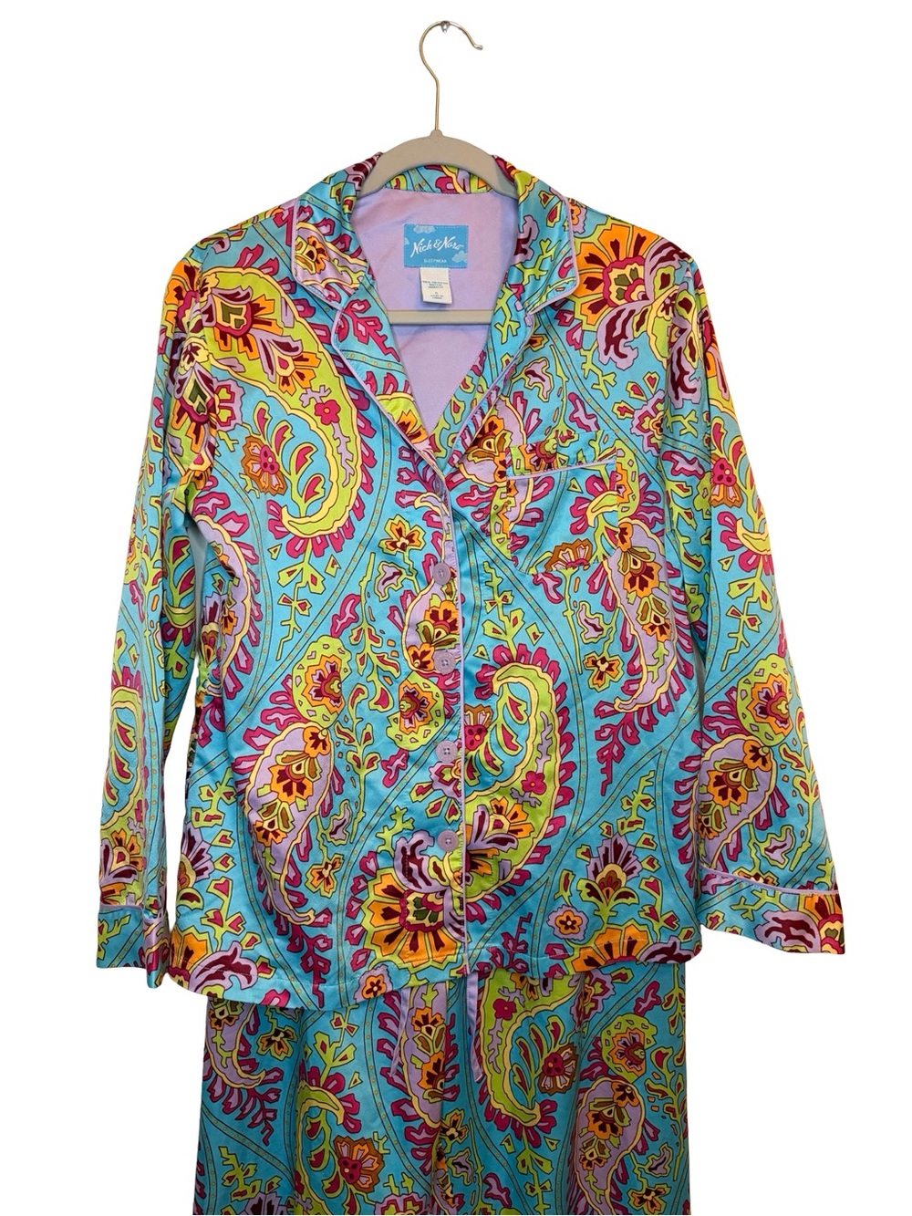 Nick & Nora Sleepwear Paisley Satin Pajama Set Blue Multicolor Small Y2K - Picture 3 of 11